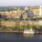 Savannah, Georgia as seen from the water in an aerial photo.