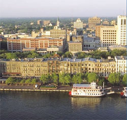 Savannah, Georgia as seen from the water in an aerial photo.